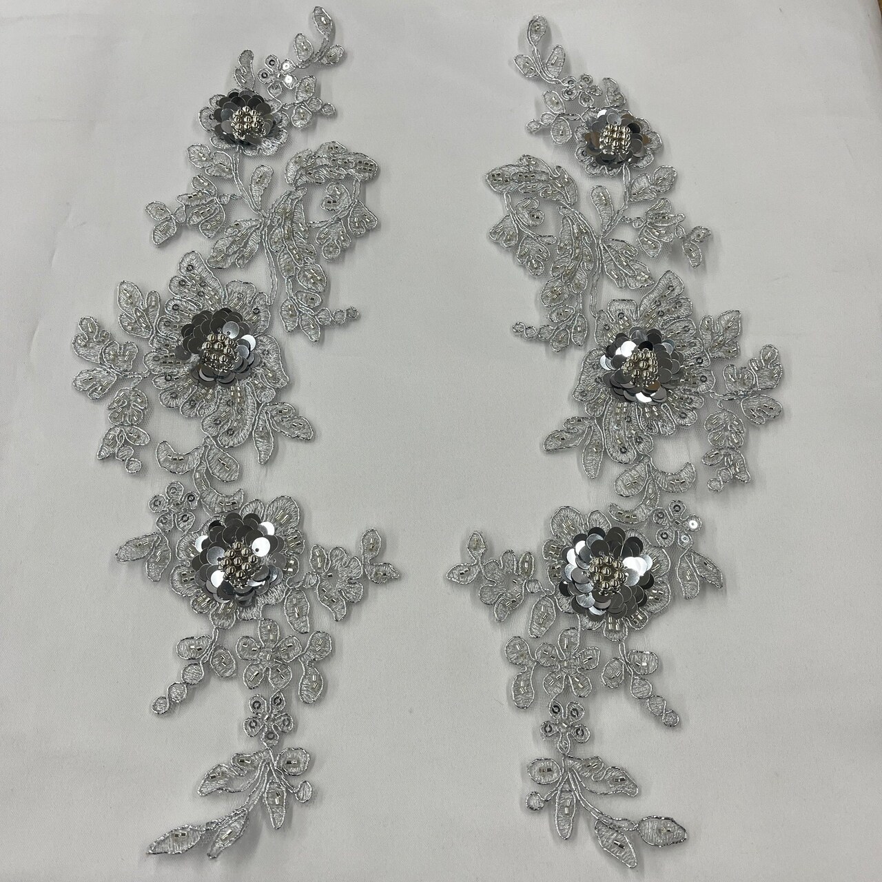 1 Pair Beaded & Corded Floral 3D Lace Applique Embroidered on 100% Polyester Net Mesh, 14" X 3 " Wide Each Side